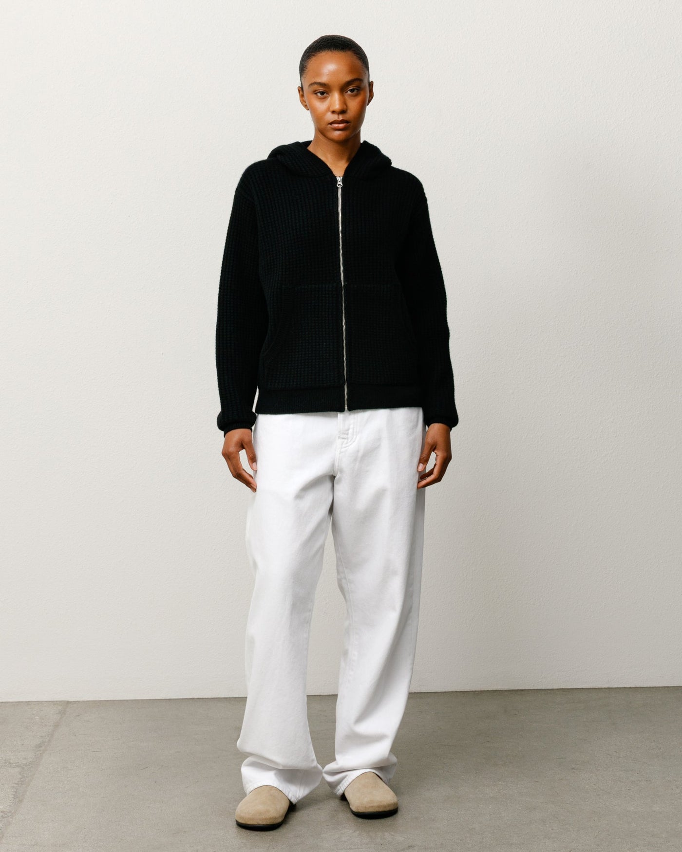 WAFFLE CASHMERE ZIP HOOD SWEATER